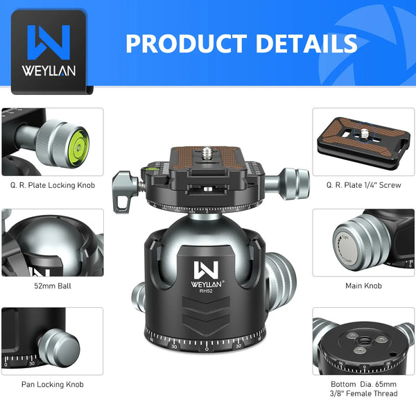 WEYLLAN RH52 Low Profile 52mm Tripod Ball Head
